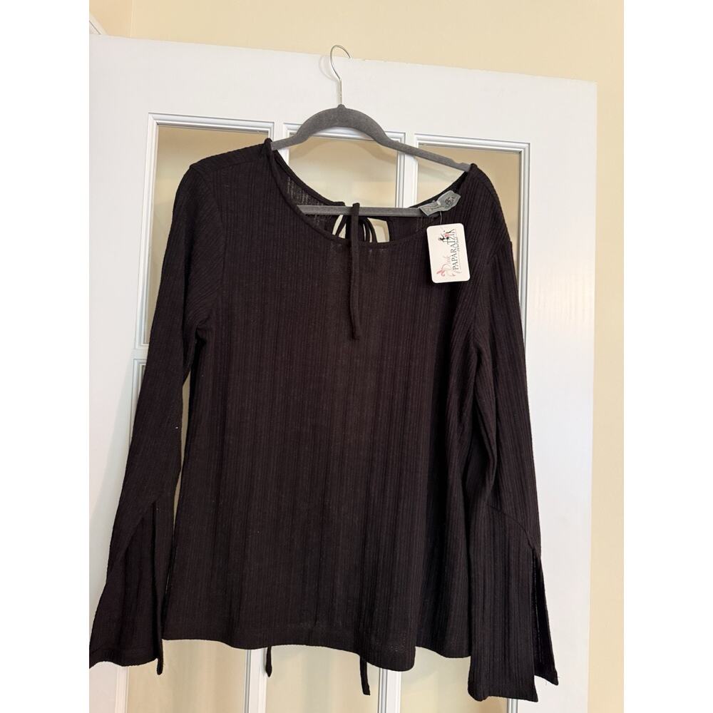 NEW Boutique Black Knit Blouse Flare Sleeves Tie Back Y2K Large Unique Black